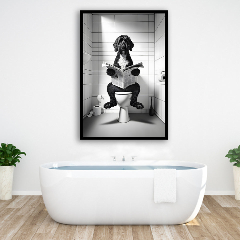 Portuguese Water Dog Framed Art Print Wall Decor, Dog In Toilet