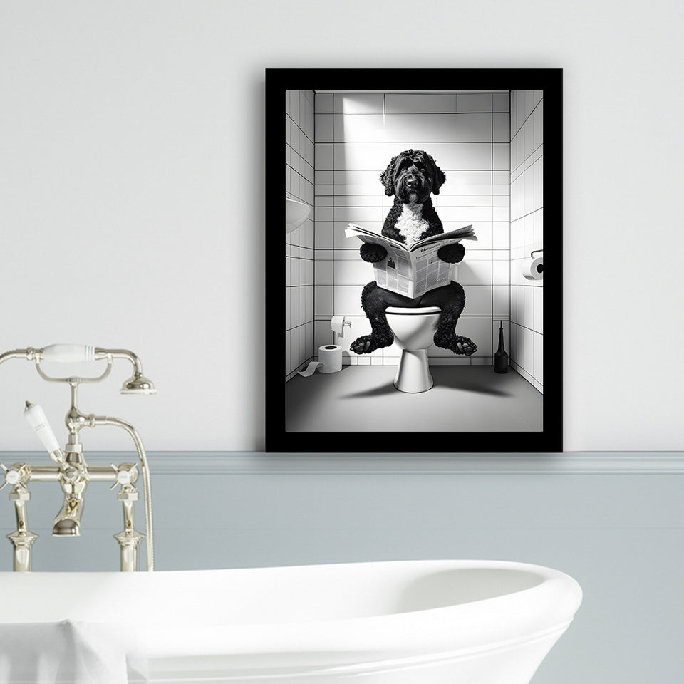 Portuguese Water Dog Framed Art Print Wall Decor, Dog In Toilet