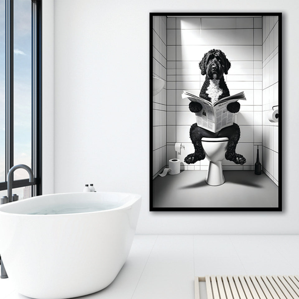 Portuguese Water Dog Framed Art Print Wall Decor, Dog In Toilet