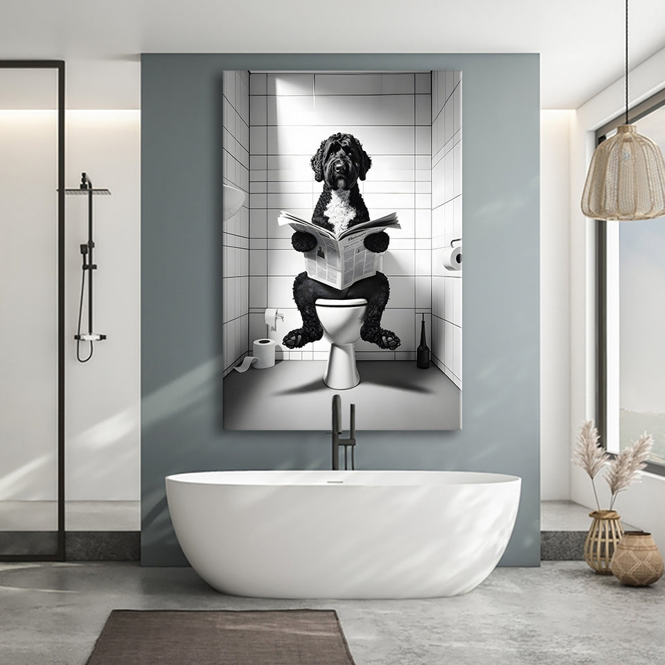 Portuguese Water Dog Canvas Prints Wall Art,, Dog in Toilet