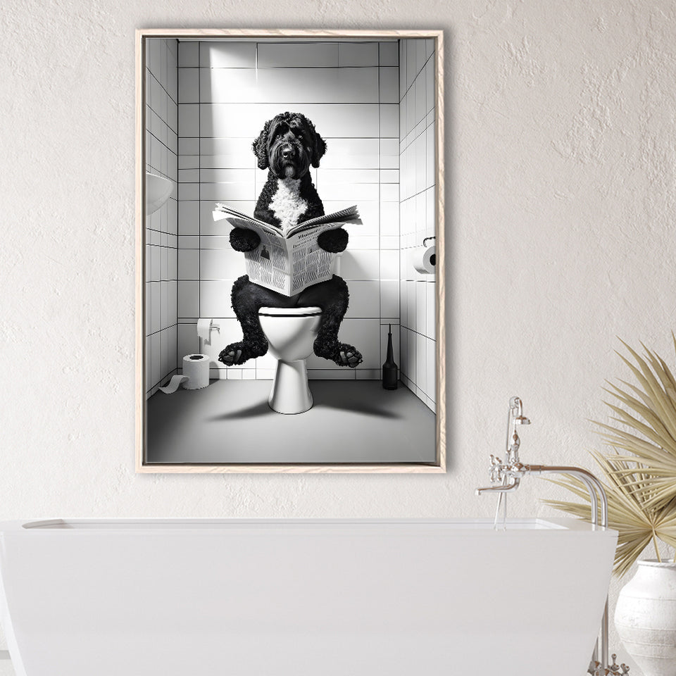 Portuguese Water Dog Framed Canvas Prints Wall Art, Dog In Toilet
