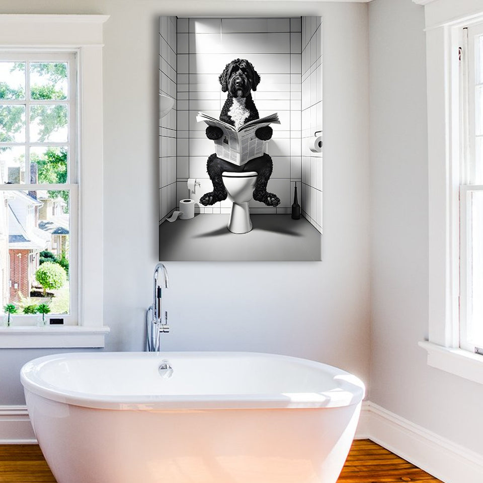 Portuguese Water Dog Canvas Prints Wall Art,, Dog in Toilet