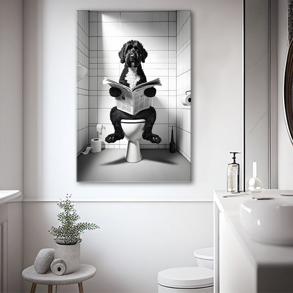 Portuguese Water Dog Canvas Prints Wall Art,, Dog in Toilet