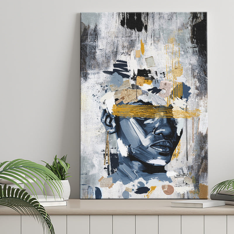 Potrait Abstract Face, African American Blue And Grey Art, Canvas Prints Wall Art Decor, Painting Canvas