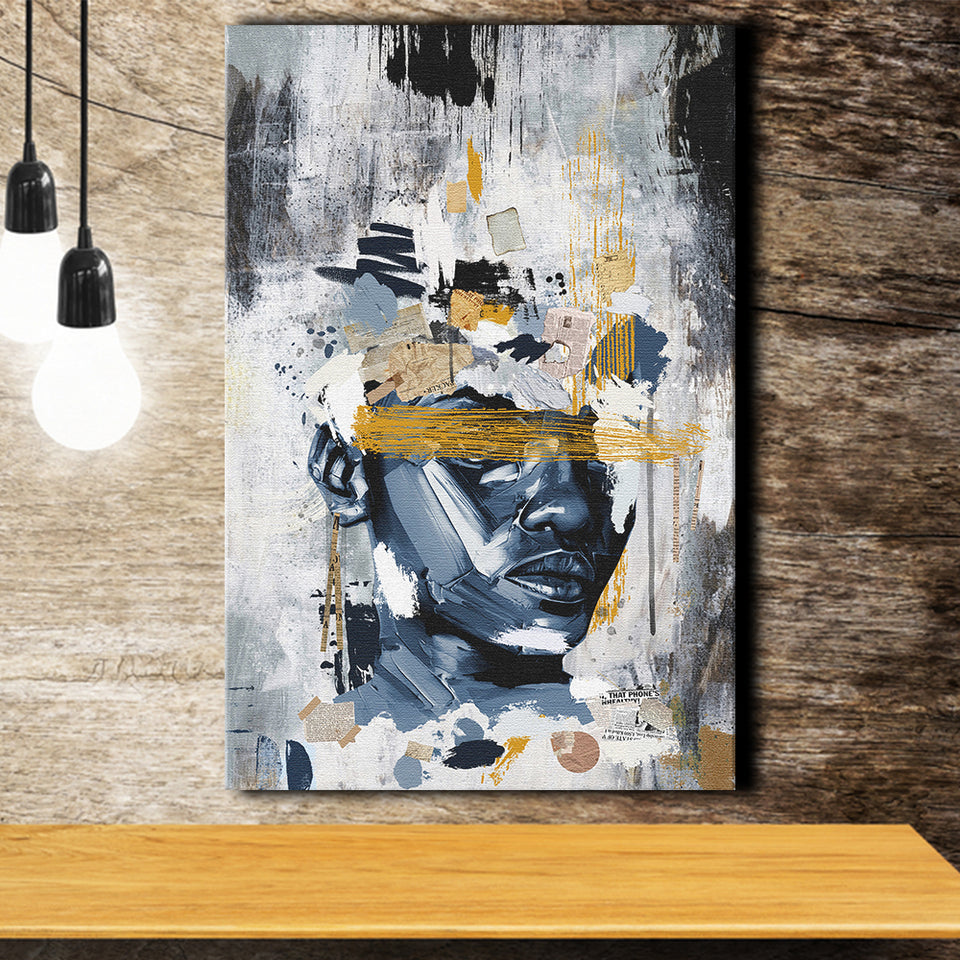 Potrait Abstract Face, African American Blue And Grey Art, Canvas Prints Wall Art Decor, Painting Canvas