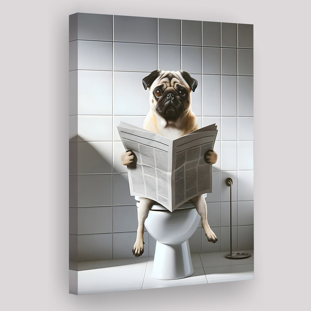 Pug  Funny Bathroom Decor Canvas Prints Wall Art,, Pug in Toilet