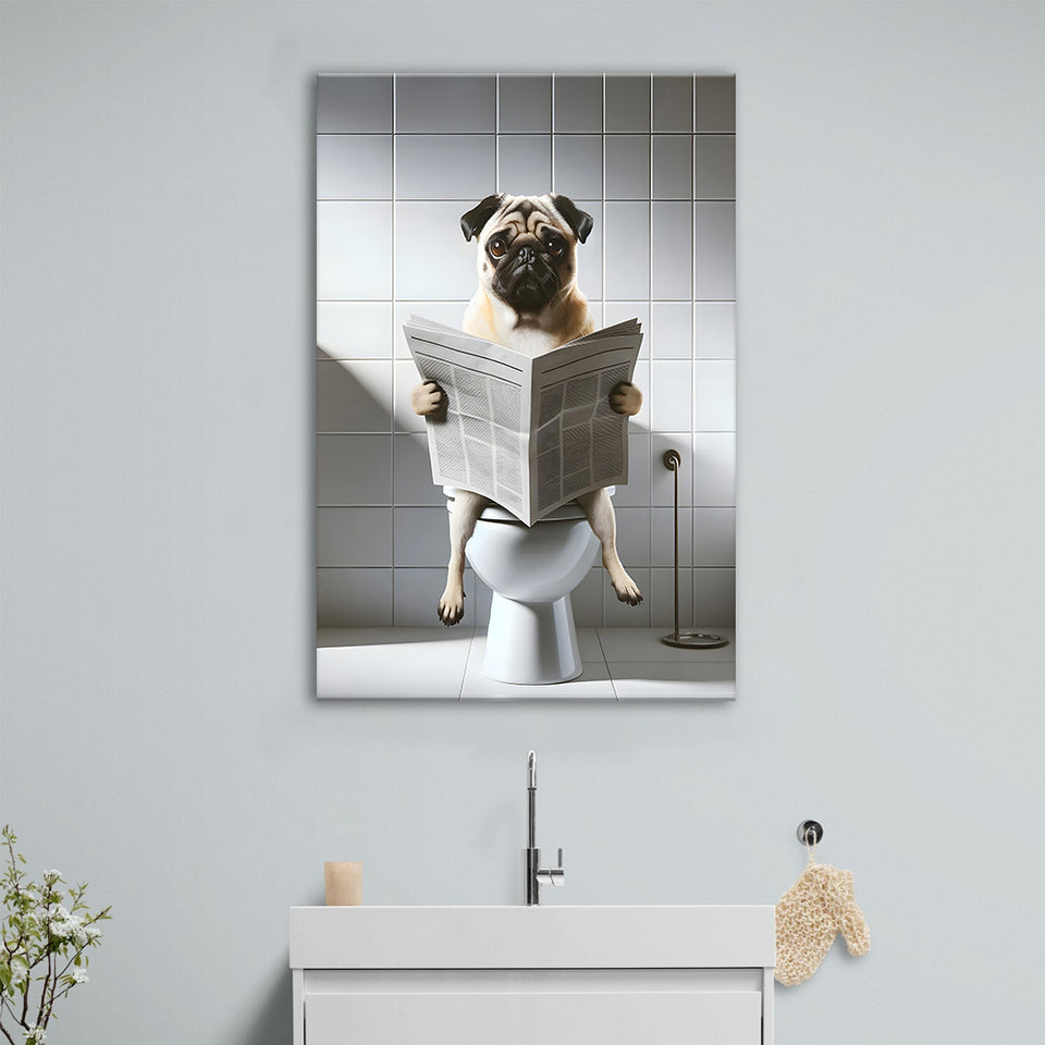 Pug  Funny Bathroom Decor Canvas Prints Wall Art,, Pug in Toilet