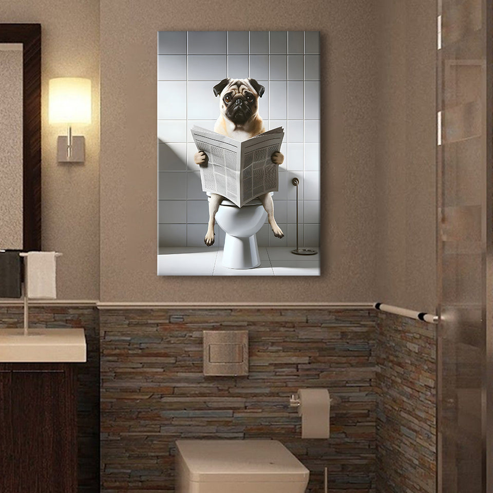 Pug  Funny Bathroom Decor Canvas Prints Wall Art,, Pug in Toilet