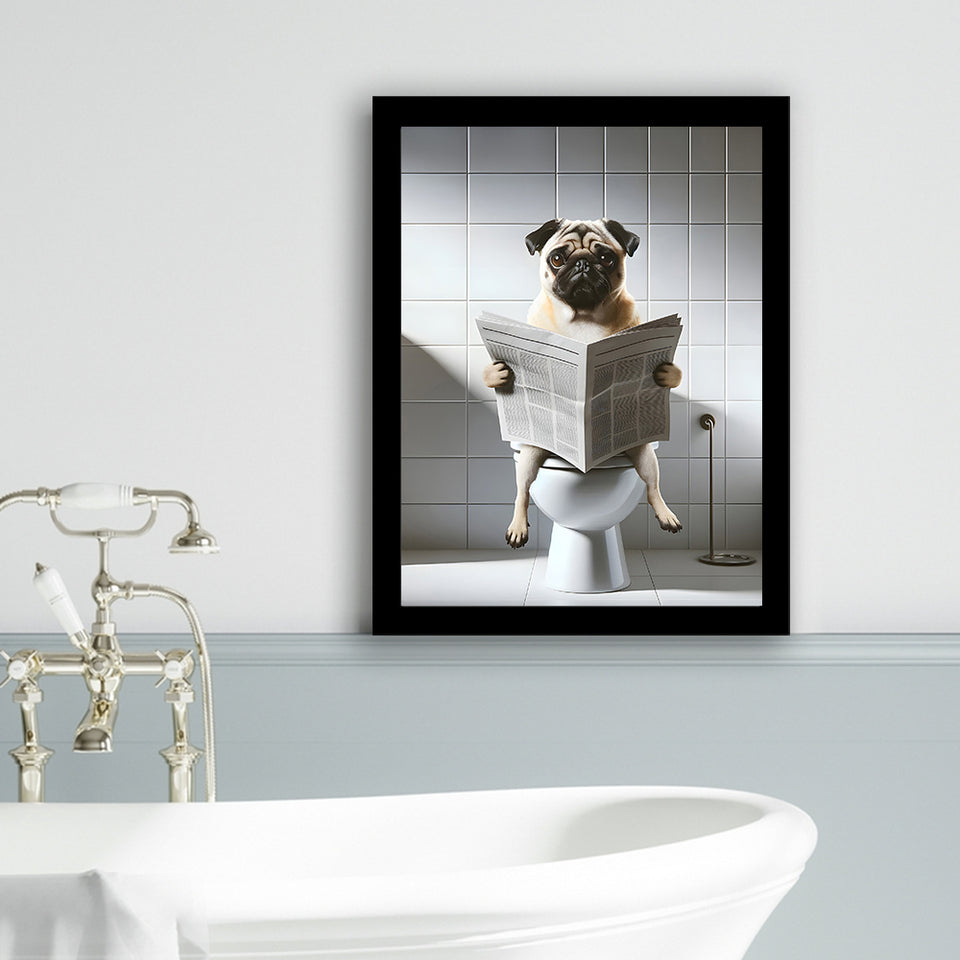 Pug  Funny Bathroom Decor Framed Art Print Wall Decor, Pug In Toilet