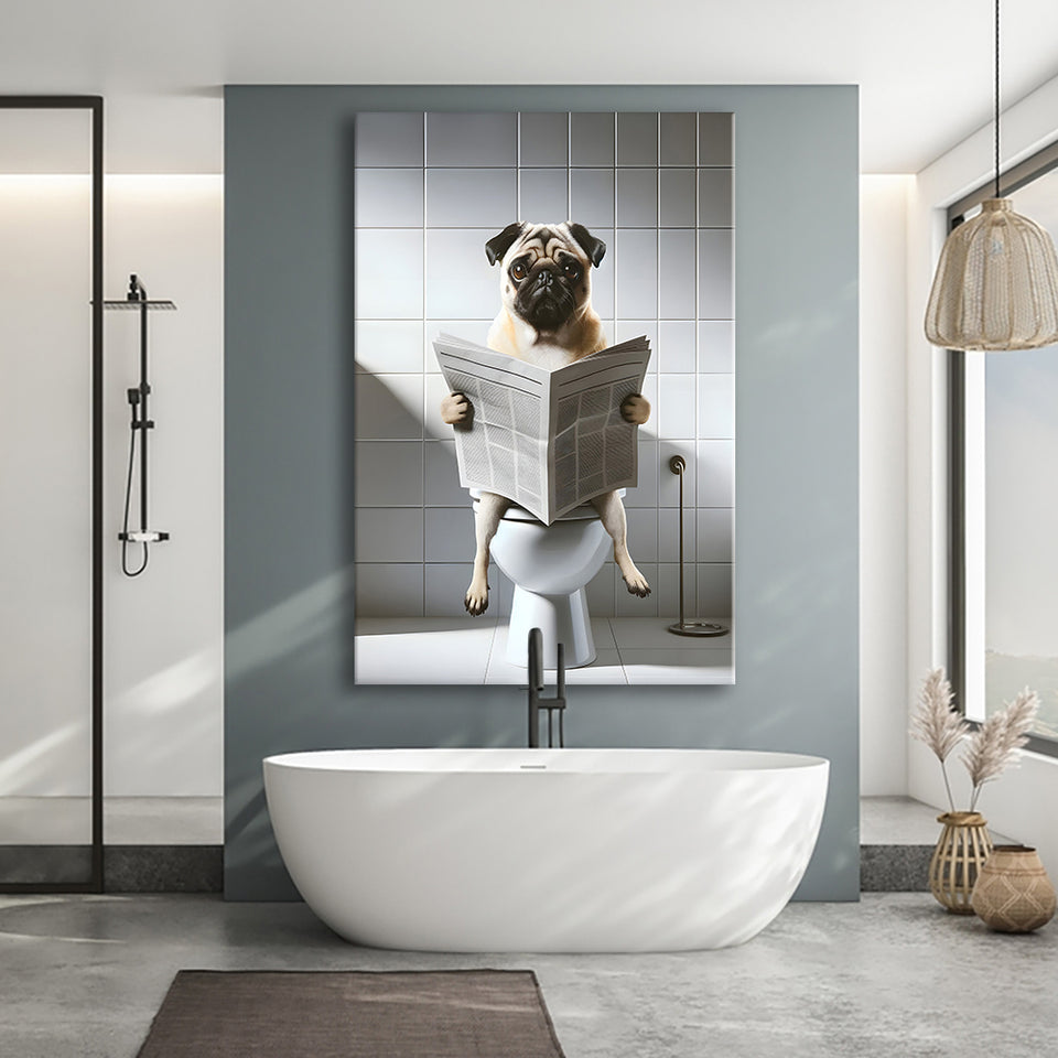 Pug  Funny Bathroom Decor Canvas Prints Wall Art,, Pug in Toilet