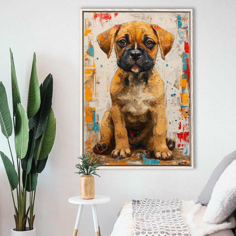 Puggle Dog Portrait Painting Full Body Technique Of, Framed Canvas Prints Wall Art Decor, Floating Frame