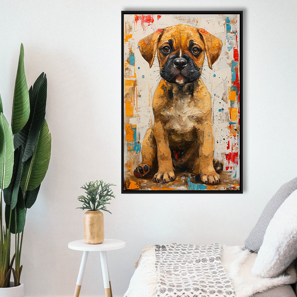 Puggle Dog Portrait Painting Full Body Technique Of, Framed Canvas Prints Wall Art Decor, Floating Frame