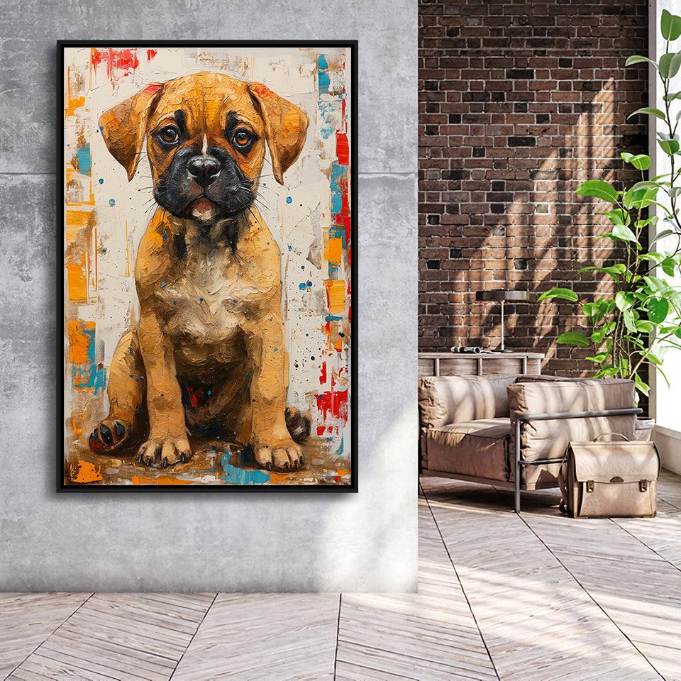 Puggle Dog Portrait Painting Full Body Technique Of, Framed Canvas Prints Wall Art Decor, Floating Frame