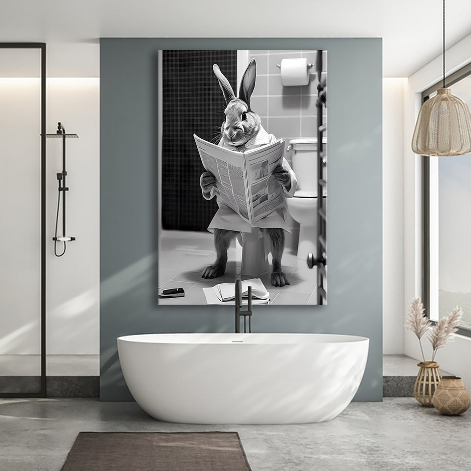 Rabbit Print  Funny Bathroom Decor Canvas Prints Wall Art,, Rabbit in Toilet