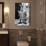 Rabbit Print  Funny Bathroom Decor Canvas Prints Wall Art,, Rabbit in Toilet