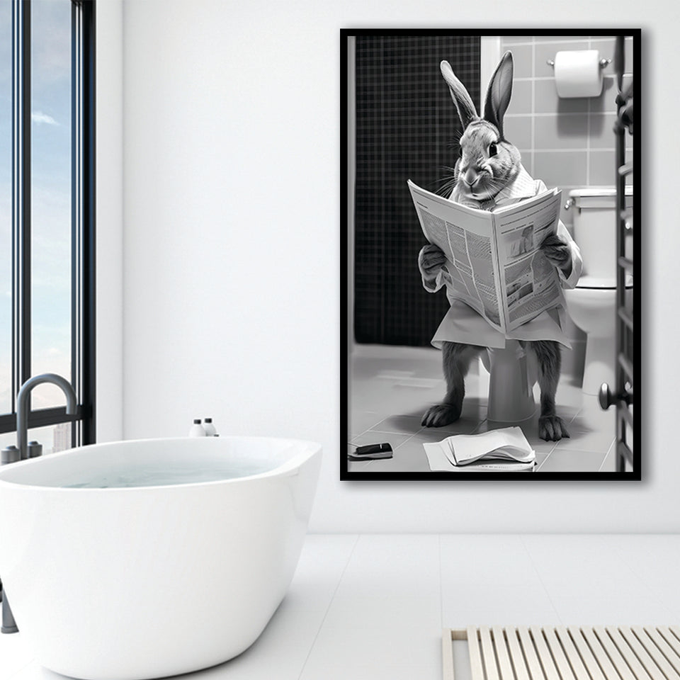 Rabbit Print  Funny Bathroom Decor Framed Art Print Wall Decor, Rabbit In Toilet