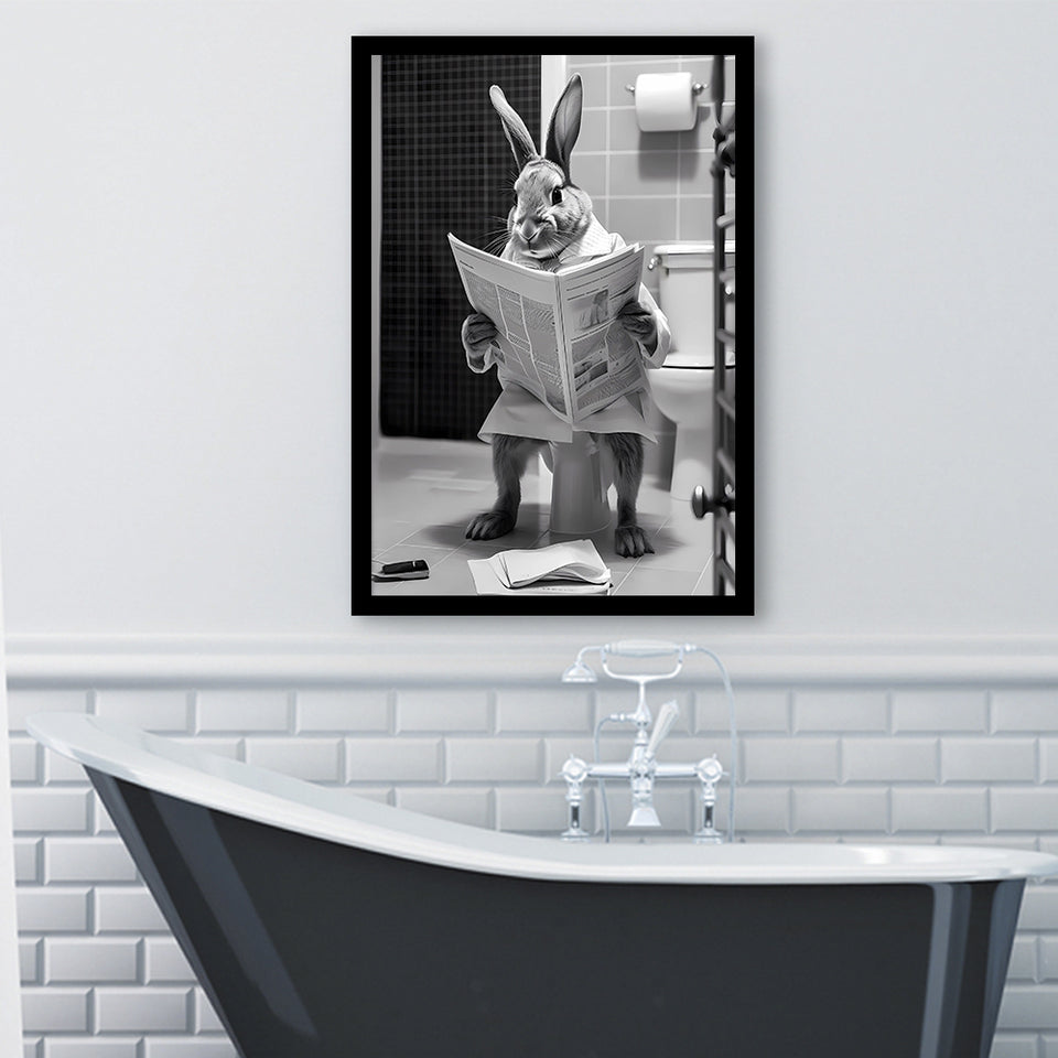Rabbit Print  Funny Bathroom Decor Framed Art Print Wall Decor, Rabbit In Toilet