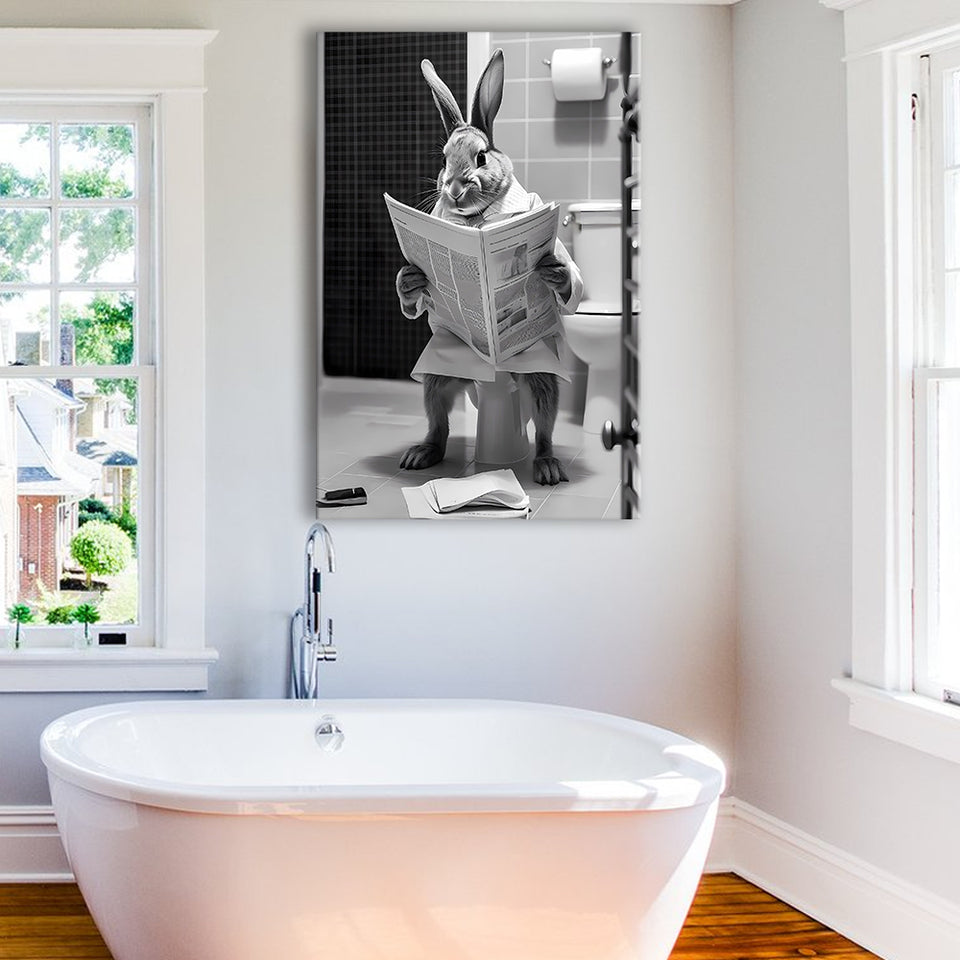 Rabbit Print  Funny Bathroom Decor Canvas Prints Wall Art,, Rabbit in Toilet