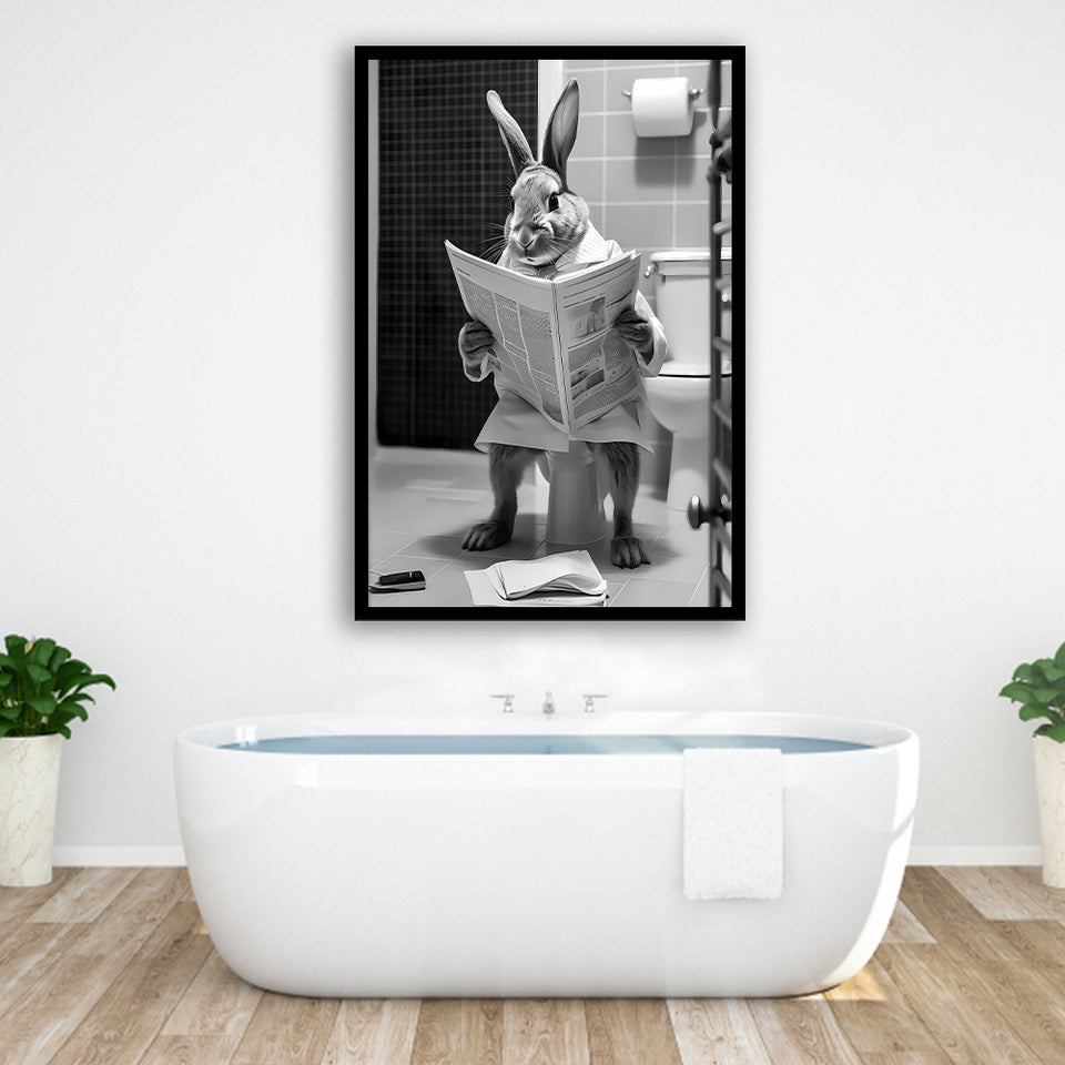 Rabbit Print  Funny Bathroom Decor Framed Art Print Wall Decor, Rabbit In Toilet