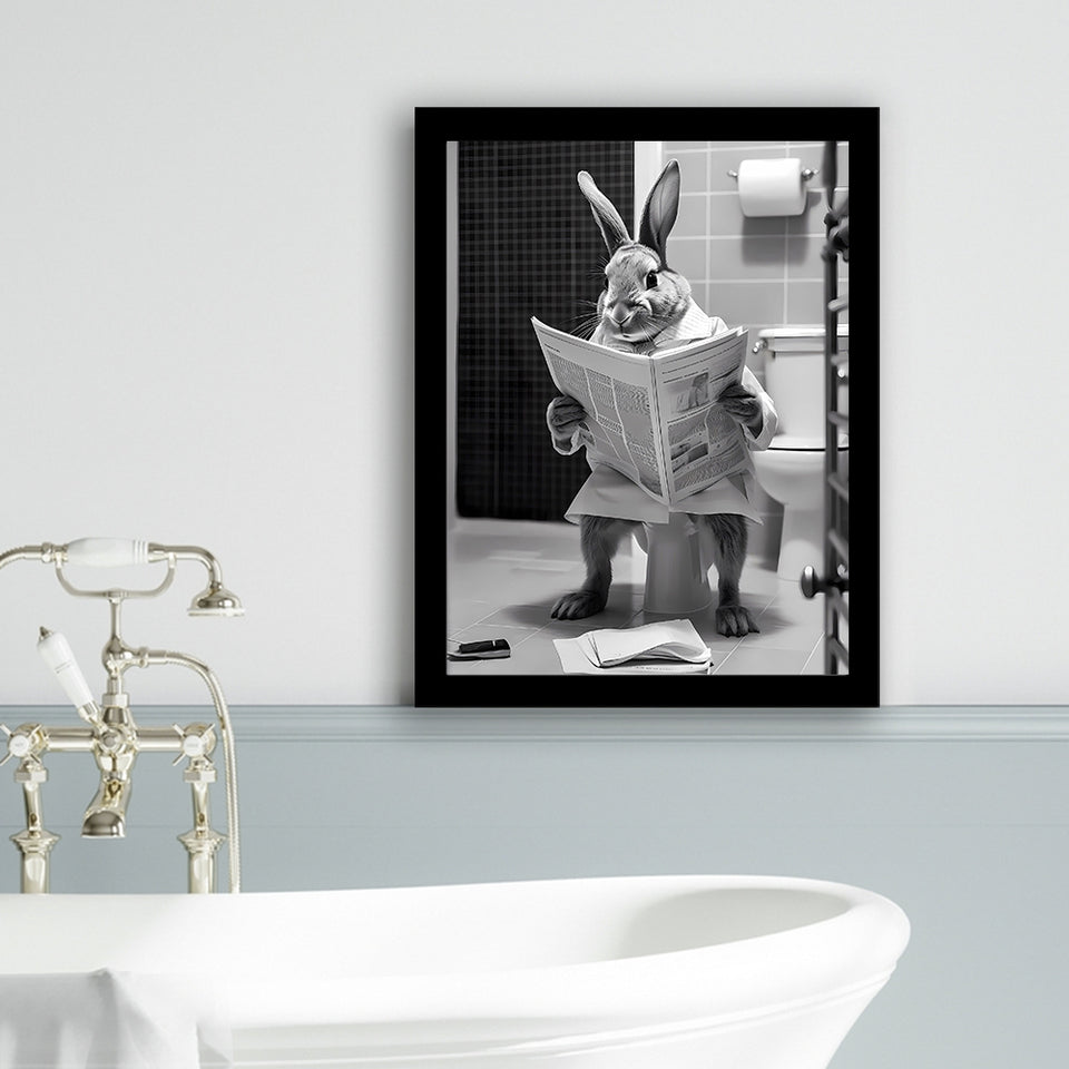 Rabbit Print  Funny Bathroom Decor Framed Art Print Wall Decor, Rabbit In Toilet