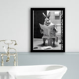 Rabbit Print  Funny Bathroom Decor Framed Art Print Wall Decor, Rabbit In Toilet