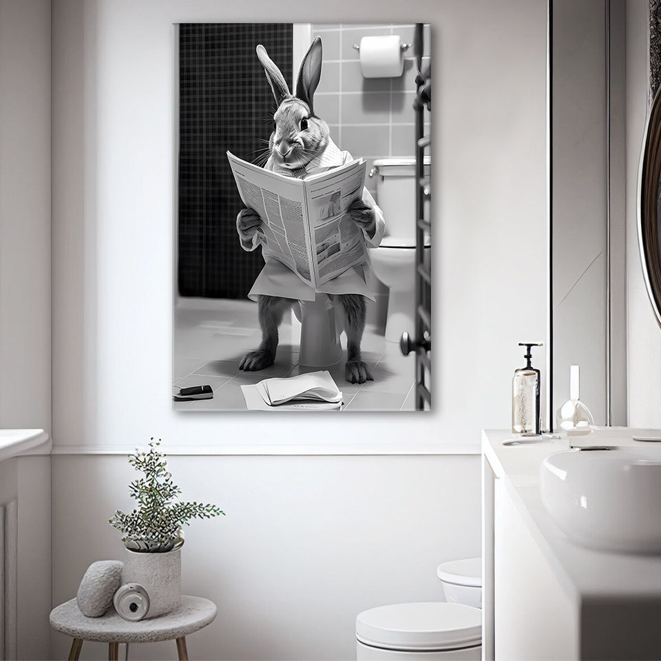 Rabbit Print  Funny Bathroom Decor Canvas Prints Wall Art,, Rabbit in Toilet