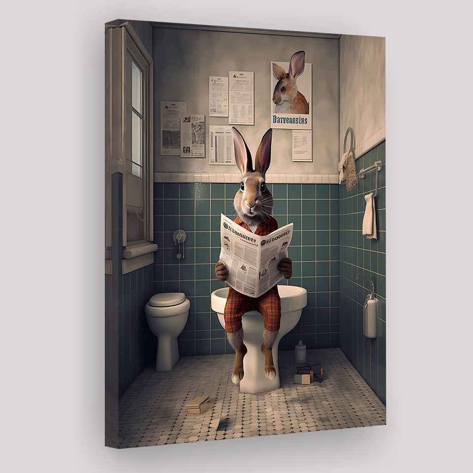 Rabbit Print  Funny Bathroom Decor Canvas Prints Wall Art,, Rabbit in Toilet