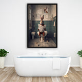 Rabbit Print  Funny Bathroom Decor Framed Art Print Wall Decor, Rabbit In Toilet