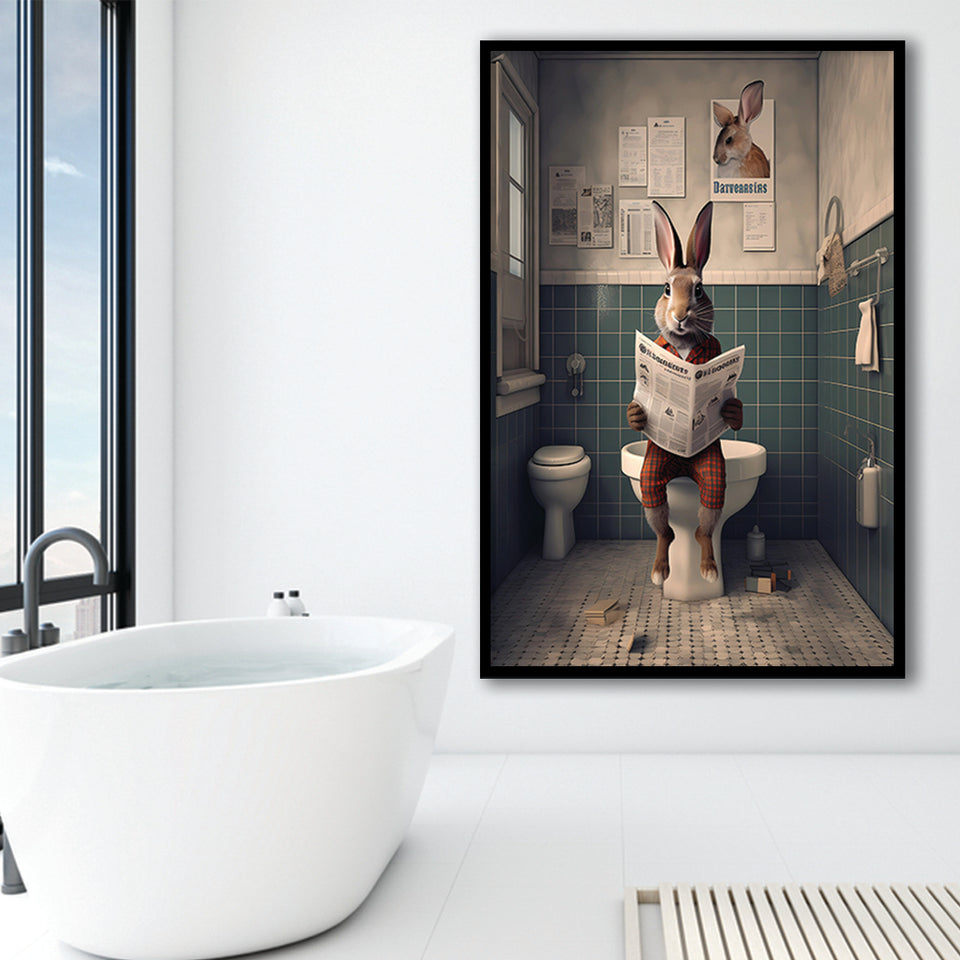 Rabbit Print  Funny Bathroom Decor Framed Art Print Wall Decor, Rabbit In Toilet