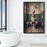 Rabbit Print  Funny Bathroom Decor Framed Art Print Wall Decor, Rabbit In Toilet