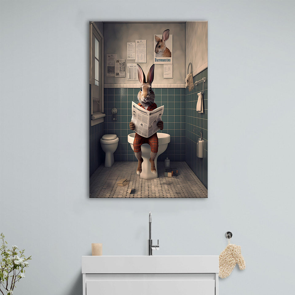 Rabbit Print  Funny Bathroom Decor Canvas Prints Wall Art,, Rabbit in Toilet
