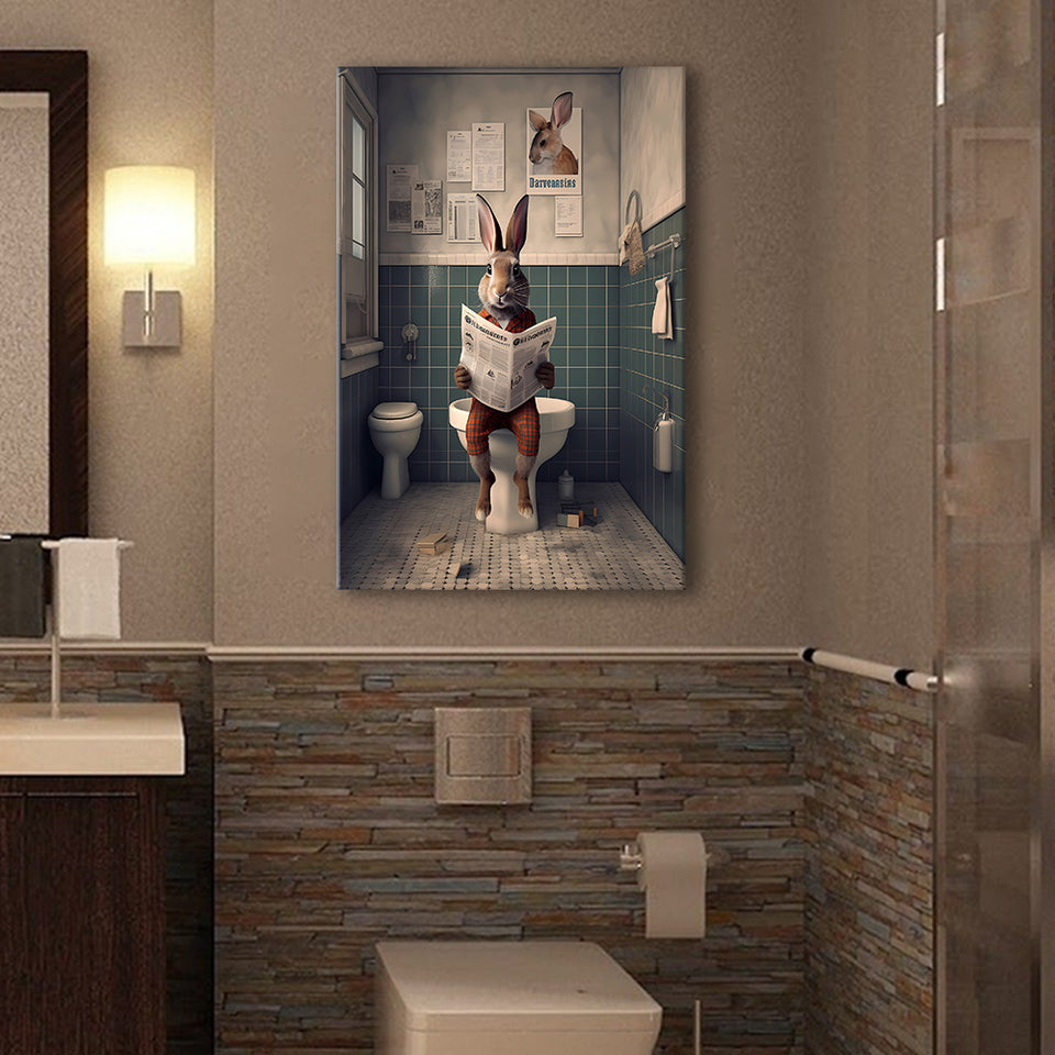 Rabbit Print  Funny Bathroom Decor Canvas Prints Wall Art,, Rabbit in Toilet