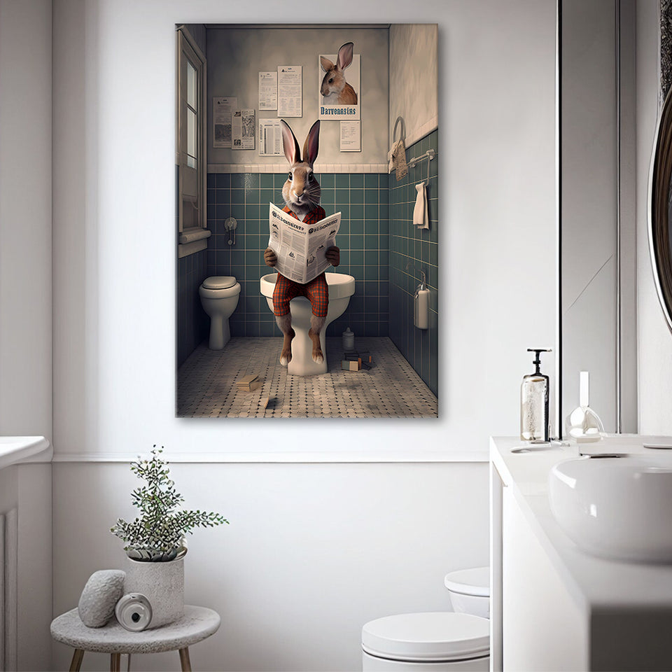 Rabbit Print  Funny Bathroom Decor Canvas Prints Wall Art,, Rabbit in Toilet
