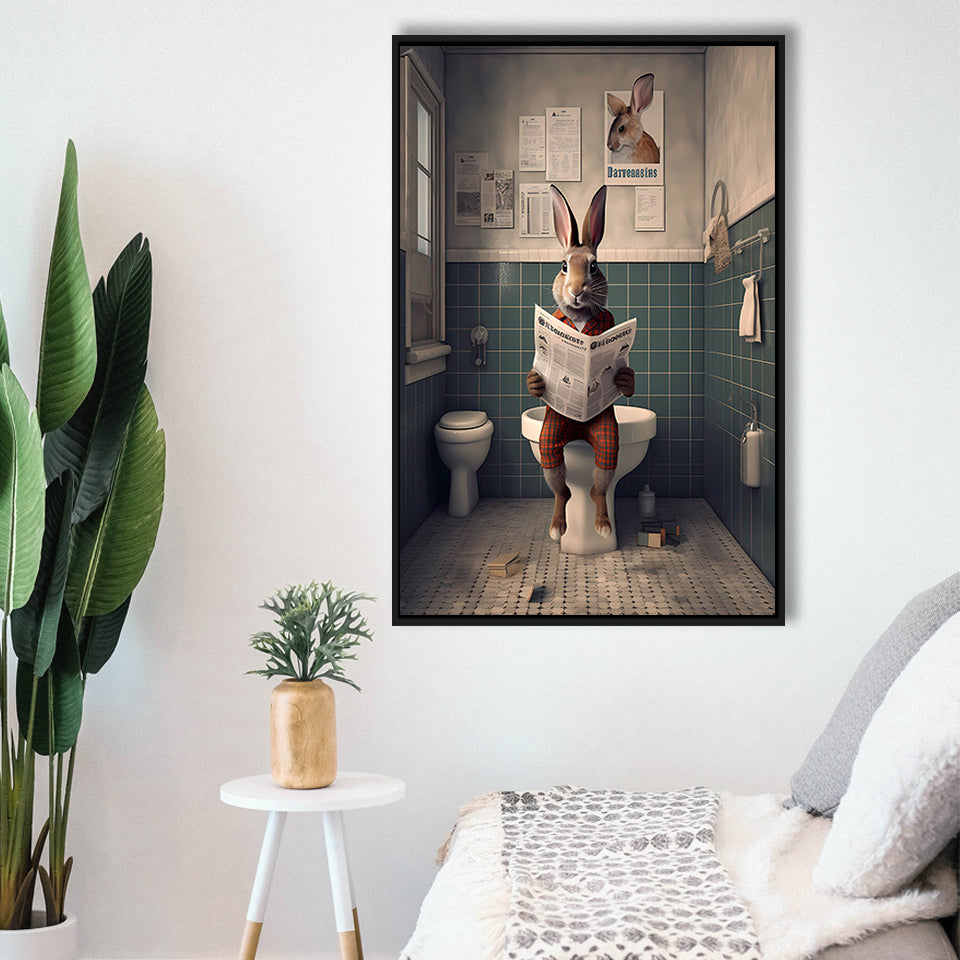 Rabbit Print  Funny Bathroom Decor Framed Canvas Prints Wall Art, Rabbit In Toilet