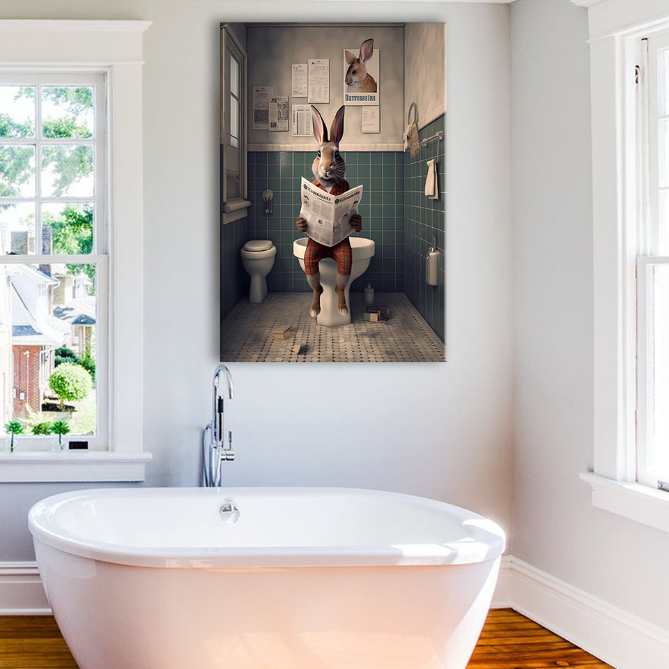 Rabbit Print  Funny Bathroom Decor Canvas Prints Wall Art,, Rabbit in Toilet