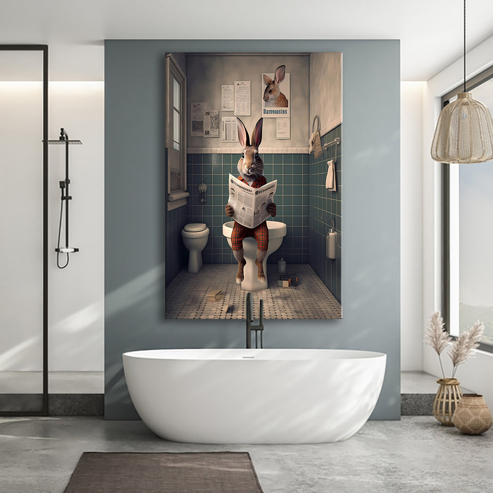 Rabbit Print  Funny Bathroom Decor Canvas Prints Wall Art,, Rabbit in Toilet
