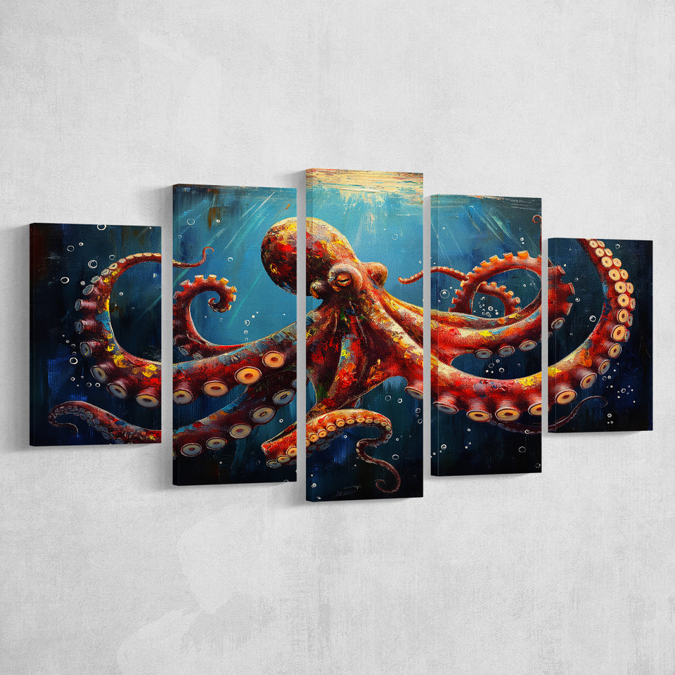 Red And Brown Octopus In The Blue Sea Ocean Acrylic, Multi Panel,Mixed Canvas Print Wall Art Decor