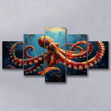 Red And Brown Octopus In The Blue Sea Ocean Acrylic, Multi Panel,Mixed Canvas Print Wall Art Decor