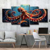 Red And Brown Octopus In The Blue Sea Ocean Acrylic, Multi Panel,Mixed Canvas Print Wall Art Decor