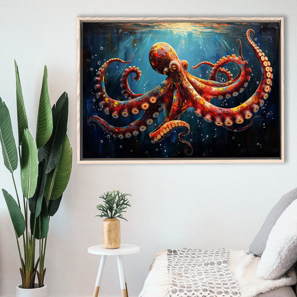 Red And Brown Octopus In The Blue Sea Ocean Acrylic, Floating Frame, Framed Canvas Print Wall Art Home Decor