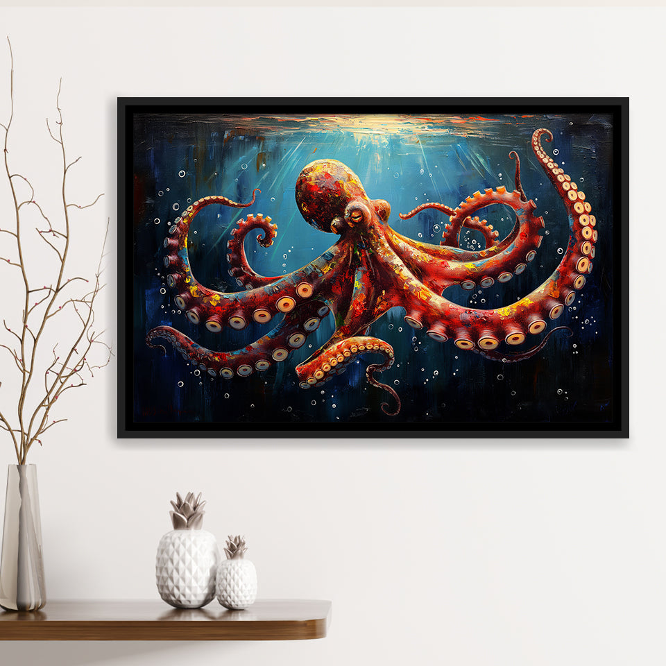 Red And Brown Octopus In The Blue Sea Ocean Acrylic, Floating Frame, Framed Canvas Print Wall Art Home Decor