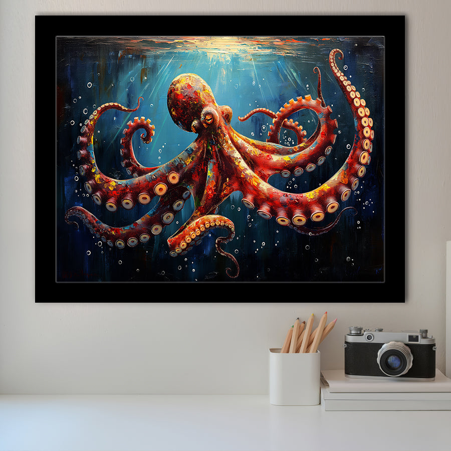 Red And Brown Octopus In The Blue Sea Ocean Acrylic, Painting Art, Framed Art Print Wall Art Home Decor