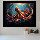 Red And Brown Octopus In The Blue Sea Ocean Acrylic, Painting Art, Framed Art Print Wall Art Home Decor