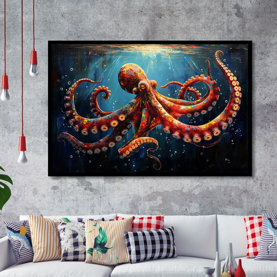 Red And Brown Octopus In The Blue Sea Ocean Acrylic, Painting Art, Framed Art Print Wall Art Home Decor