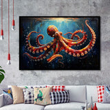Red And Brown Octopus In The Blue Sea Ocean Acrylic, Painting Art, Framed Art Print Wall Art Home Decor