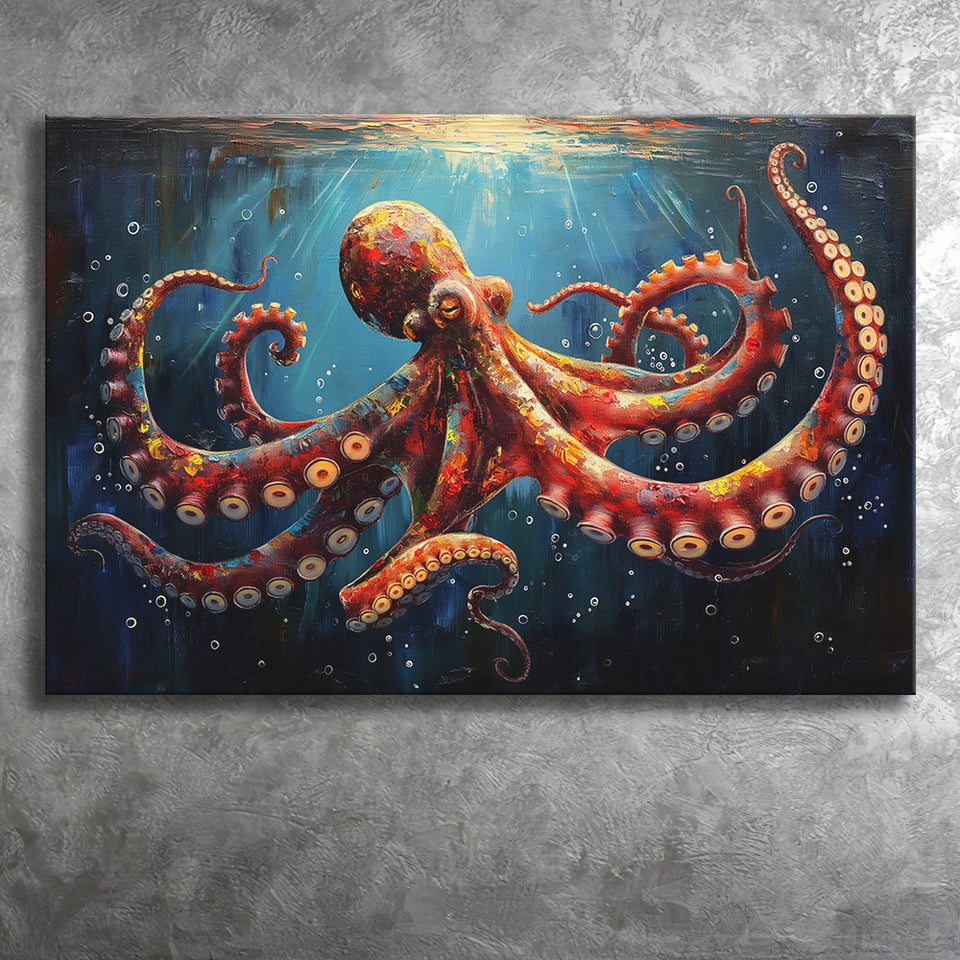 Red And Brown Octopus In The Blue Sea Ocean Acrylic, Art Print, Canvas Print Wall Art Home Decor