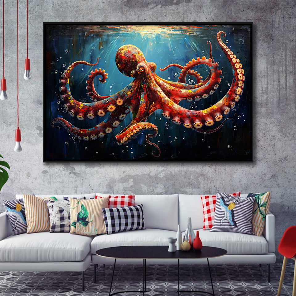 Red And Brown Octopus In The Blue Sea Ocean Acrylic, Floating Frame, Framed Canvas Print Wall Art Home Decor