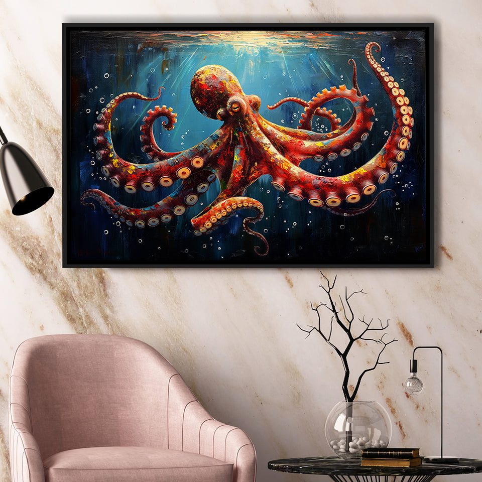 Red And Brown Octopus In The Blue Sea Ocean Acrylic, Floating Frame, Framed Canvas Print Wall Art Home Decor