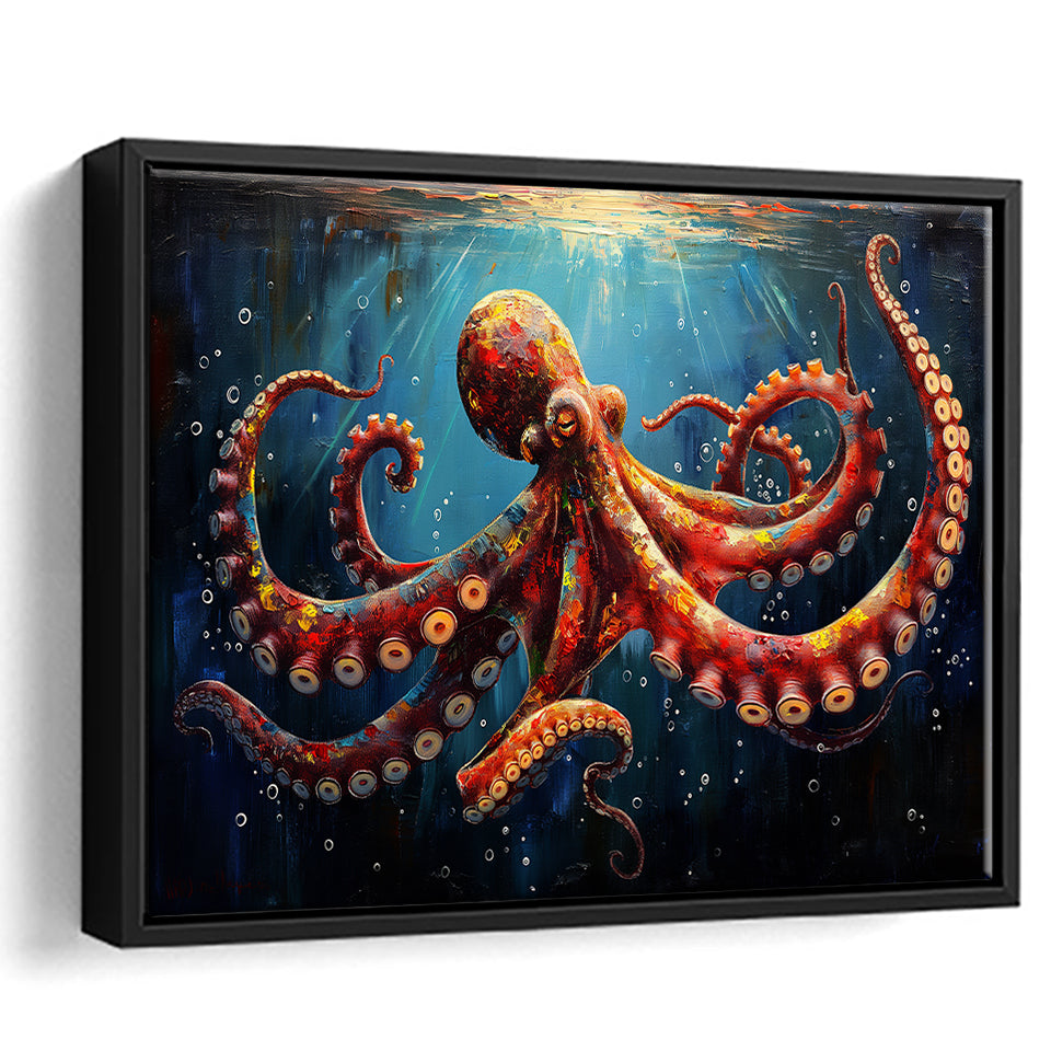 Red And Brown Octopus In The Blue Sea Ocean Acrylic, Floating Frame, Framed Canvas Print Wall Art Home Decor