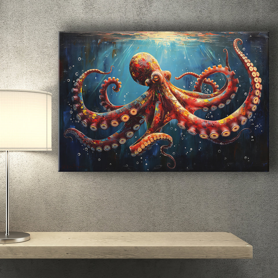 Red And Brown Octopus In The Blue Sea Ocean Acrylic, Art Print, Canvas Print Wall Art Home Decor